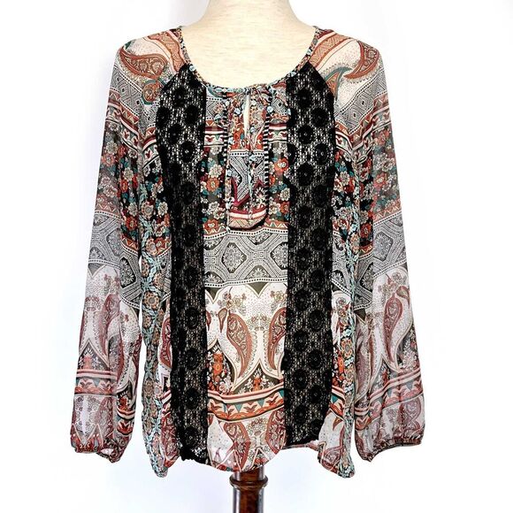 Boho Paisley Long Sleeve Top - Lace Insets, Fig and Flower MED - Picture 1 of 8